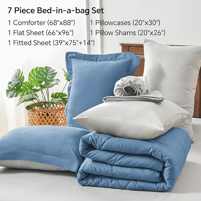 BEDELITE Twin Comforter Set 5 Pieces, Reversible Blue Bed in A Bag | Soft All Season Down-Alternative Comforter, Sheets, Pillowcases & Shams, OEKO-TEX Certified Bedding for Bedrrom, Guest Room