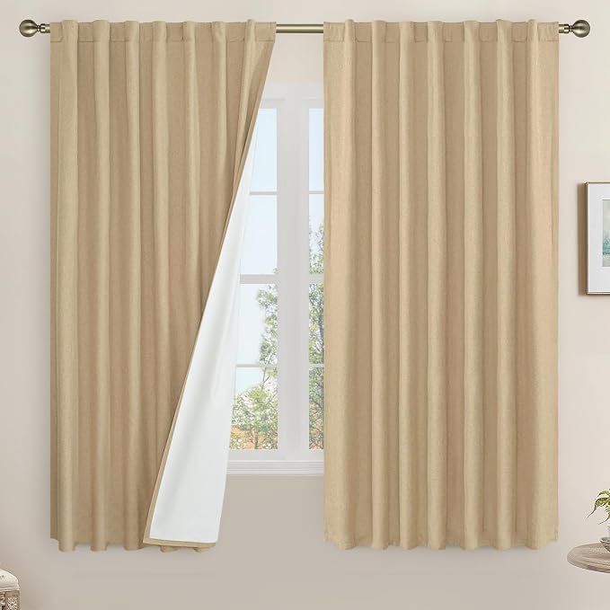 100% Blackout Linen Curtains 63 Inches Long 2 Panels, 60 x 63 Inch | Thermal Insulated, Living Room, Burlap, Bedroom Curtains, Full Room Darkening Panels, Rod Pocket Back Tab, with White Liner