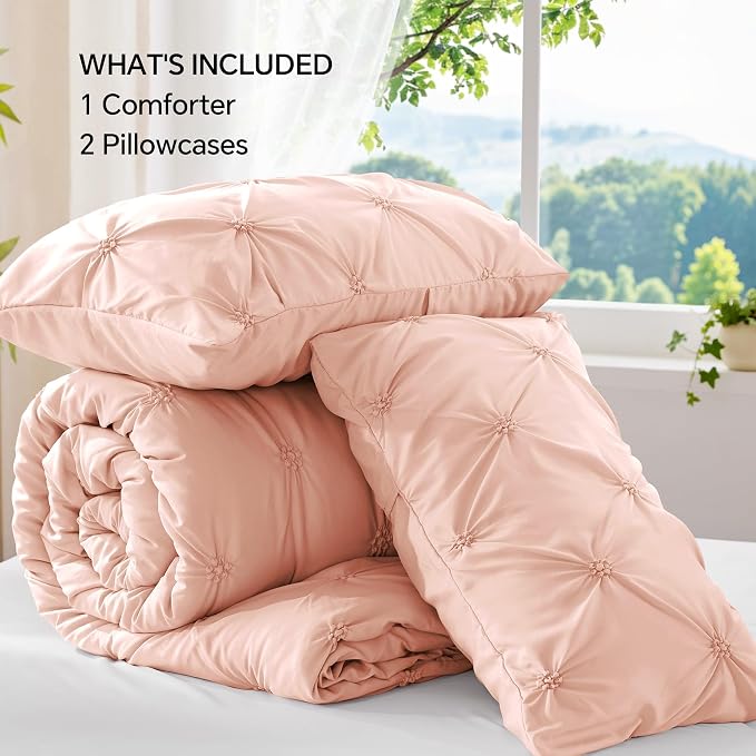 BEDELITE Full Comforter Set Dusty Pink,Lightweight & Soft Comforter | Pintuck Boho Bedding, Warm & Cute Bed Set for All Season,With 2 Pillowcases