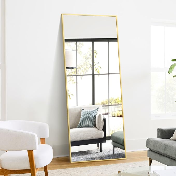 Full Length Floor Mirror 70"x24", Large Standing Body Mirror, Gold | Built-in Stand, HD Shatterproof Glass, Aluminum Alloy Frame, Wall Mounted or Standing, for Bedroom, Living Room and Bathroom