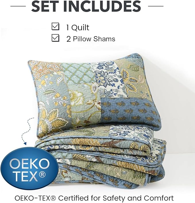 Quilt Set California King Size, 100% Cotton Patchwork Green Bohemian Quilt Sets, Reversible Bedspread Lightweight and Breathable for All Seasons, Soft Quilted Bedspread with 2 Pillow Shams