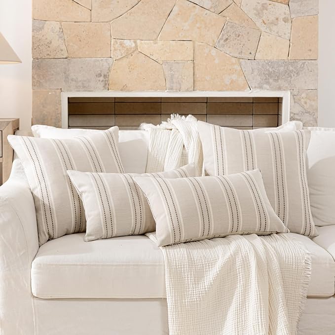 Hckot Striped Throw Pillow Covers 24x24 Set of 2 Taupe Pillow Covers | Farmhouse Decorative Pillows Textured Linen Square Cushion Covers for Sofa Couch Bed Living Room Decor(Taupe)