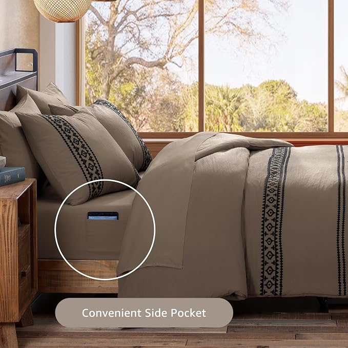 MaiRêve Embroidery King Size Comforter Set 7 Pieces Taupe Grey Bed in a Bag | Western Boho Farmhouse Bedding Sets with Comforter, Sheets, Pillowcases & Shams