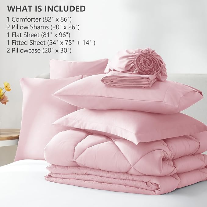 Full Size Comforter Sets Pink - 7 Pieces Complete Bedding Set | OEKO-TEX Certified, All Season, 240GSM Down-Alternative Comforter, Sheets, Pillowcases & Shams, 14" Deep Pocket, Easy Care