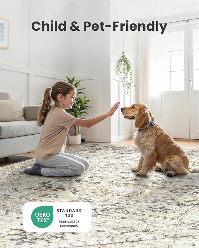 AMADA HOMEFURNISHING Washable Area Rug, Low-Profile Large Area Rug with Non-Slip Backing & Durable Edge Binding, Vintage Large Rugs for Living Room, Bedroom, Dinning Room, 8x10, Grey/Beige