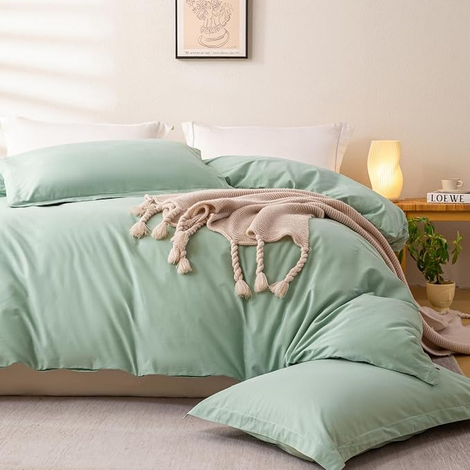 OAITE Duvet Cover Set 100% Washed Cotton Solid 3pcs | Soft,Durable,Long-staple Cotton,Hidden Zipper with 8 Interior Corner Ties,2 Pillowcases