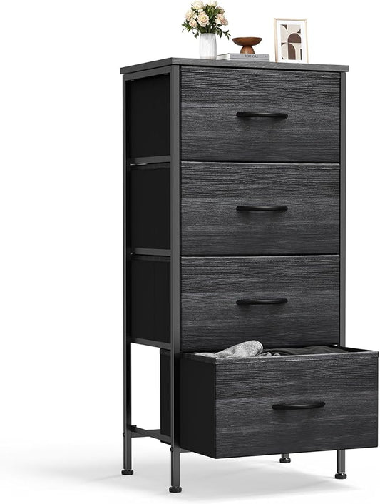 Sweetcrispy Dresser for Bedroom, 4 Drawer Storage Cabinet, Tall Nightstand | Small Fabric Dresser for Closet, Chest of Drawers, Closet Organizer, Home Furniture, Sturdy Frame, Black Wood Grain