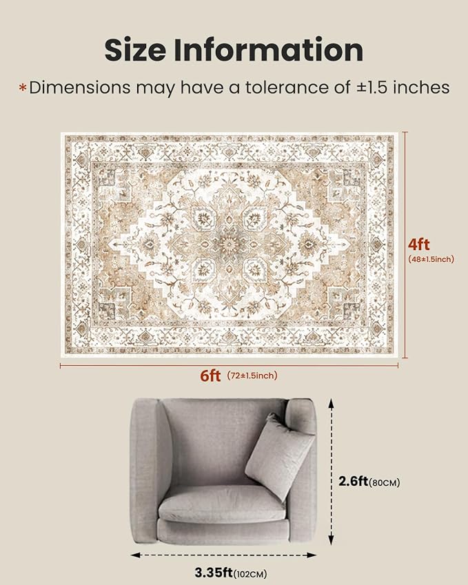 AMADA HOMEFURNISHING 4x6 Washable Area Rug, Low-Profile Entryway Rug with Non-Slip Backing & Durable Edge Binding, Vintage Rugs for Bedroom, Entryway & Kitchen
