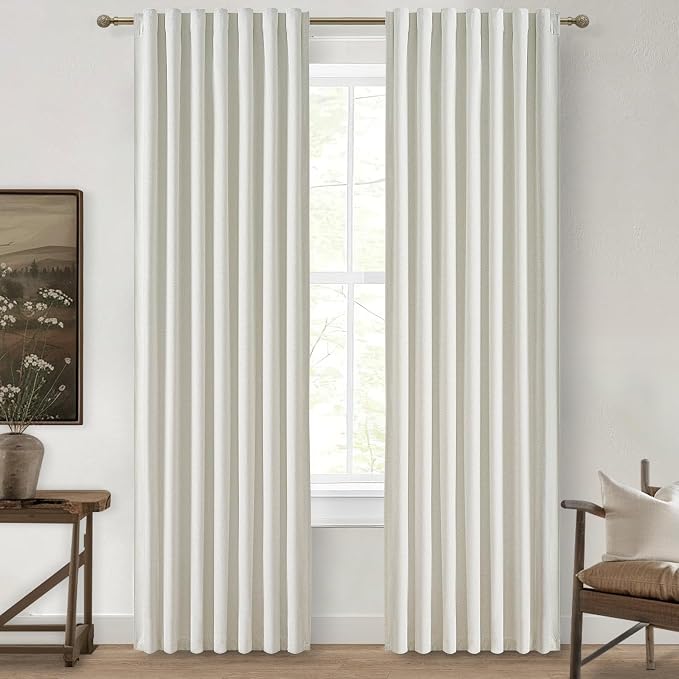 QJmydeco Beige White Cute Blackout Curtains 84 Inches Long 2 Pack, Insulated Sliding Door Curtain UV Heat Blocking Drapes for Living Room/Bedroom Faux Linen Ceiling Pins Hooks&Back Tab(W50 x L84)