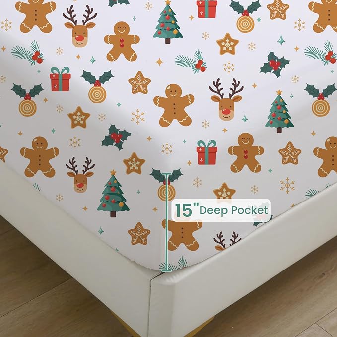 Softan Christmas Holiday Microfiber King Sheet Set with Non-Slip Straps | 15" Deep Pocket Fitted Bed Sheets, Printed Sheets, Christmas Gathering Pattern, Cozy Sheets & Pillowcase Set for All Season