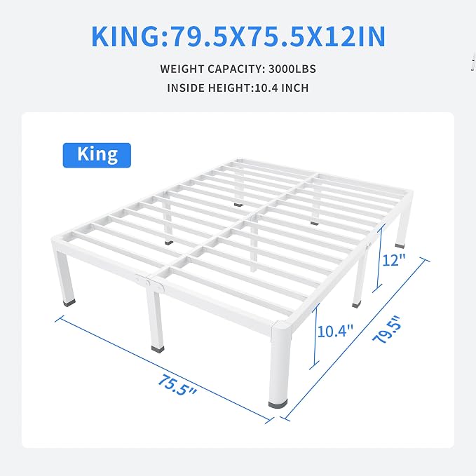 MAF 12 Inch King Metal Platform Bed Frame White with Round Corner Legs | Mattress Baffle, 3000 LBS Heavy Duty Steel Slat Support, Noise Free, No Box Spring Needed, Easy Assembly, 10.4" Storage Space