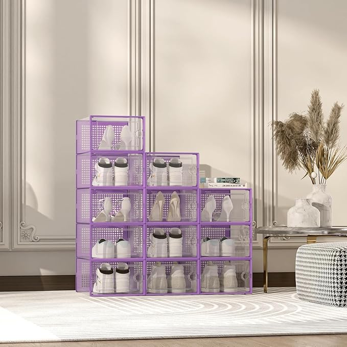 Kuject X-Large Shoe Storage Boxes 12 Pack, Clear Stackable Shoe Organizer | Shoe Case for Closet, Entryway & Under-Bed Storage, Drop-Front Design, Space-Saving Solution for Family Organization,Purple