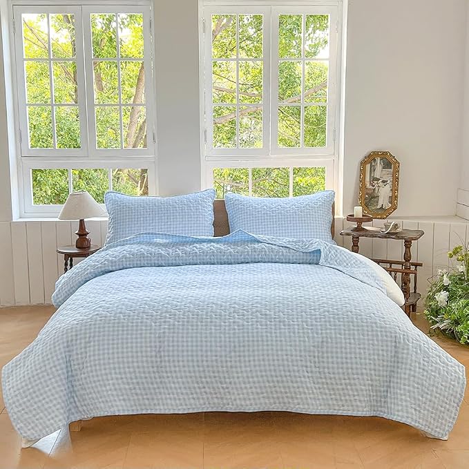 NSNLGSGC Light Blue Gingham King Summer Bedspread Quilt Set | Pre-washed Microfiber,Lightweight Checked Grid Bedding Coverlets for All Seasons