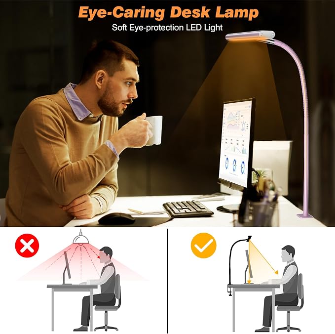 Airlonv LED Desk Lamp with Clamp, 17" Stepless Dimming Light (Pink) | 2700K-6500K, 100 LEDs, 360° Gooseneck, Fits Up to 30" Monitors, Flicker-Free Lighting for Home Office, Study& Workbench