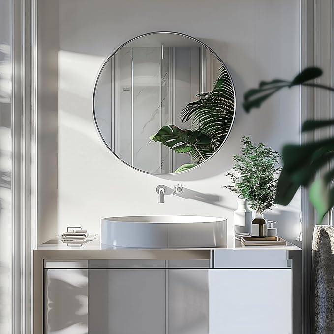 Silver Circle Mirror, 20 inch Round Wall Mirror,Brushed Metal Frame | High Definition Mirror, Rust-resistant, Easy Installation, Round Mirrors for Bedroom, Guest Room, Baby room, Vanity