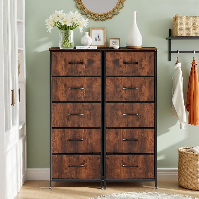 5 Drawers Dresser for Bedroom Fabric Storage Tower with Wooden Top | Steel Frame Tall Chest of Drawers for Closet, Entryway, Dorm, Brown