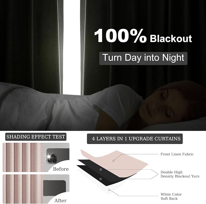 Topfinel Soft Pink 100% Blackout Curtains Linen Blended Room Darkening Curtain Panels 95 inch for Living Room Bedroom Thermal Insulated Back Tab Drapes with Hooks Rings 8FT 52Wx95L 2 Panels