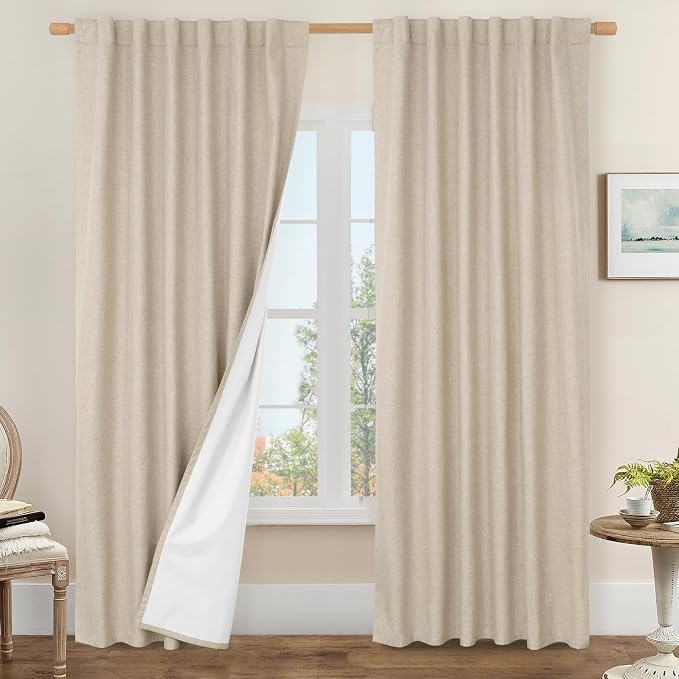 84 Inch 100% Blackout Linen Curtains 2 Panels with White Liner, Linen | Privacy, Living Room, Farmhouse, Curtains for Bedroom, Room Darkening, Burlap Panels, Rod Pocket Back Tab, 52 x 84 Inch