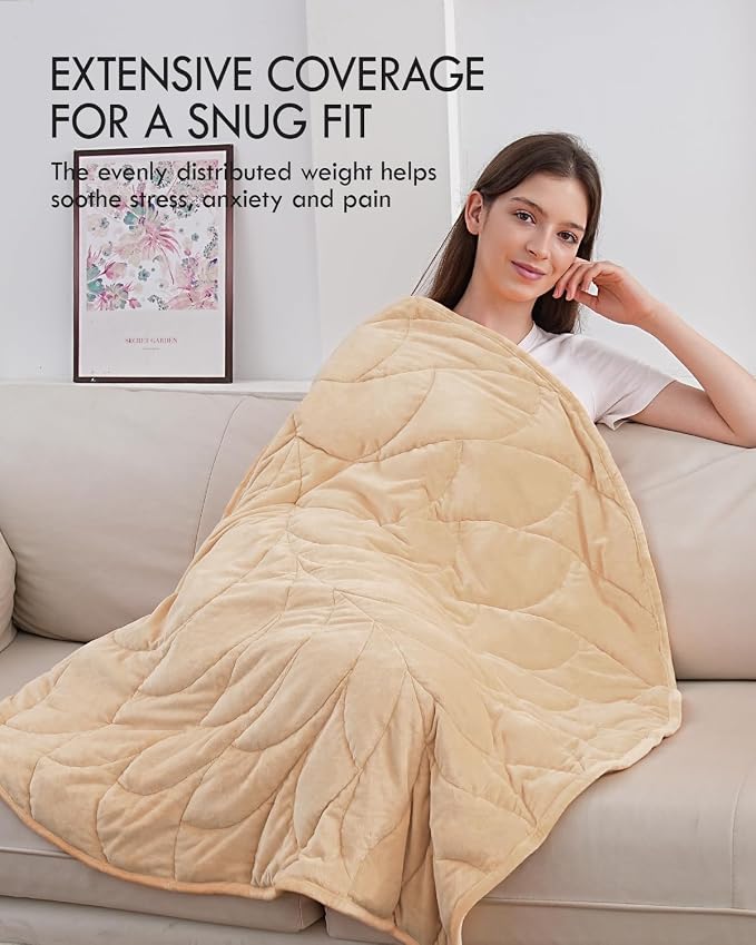 Kaisa Weighted Lap Blanket for Adults, 7 lbs 41" x 53", Leaf Pattern, Khaki | Washable Weighted Blankets, Small Portable Blanket for Relaxation, Cozy Luxury Crystal Velvet All-Season Heavy Blanket