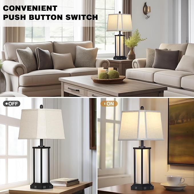Cinkeda 27" Tall Vintage Table Lamp Set of 2 with USB C+A & Outlet,Black Industrial End Table Lamp for Living Room,Farmhouse Rustic Bedside Lamps with Bell Lampshades for Bedroom Nightstand,Black