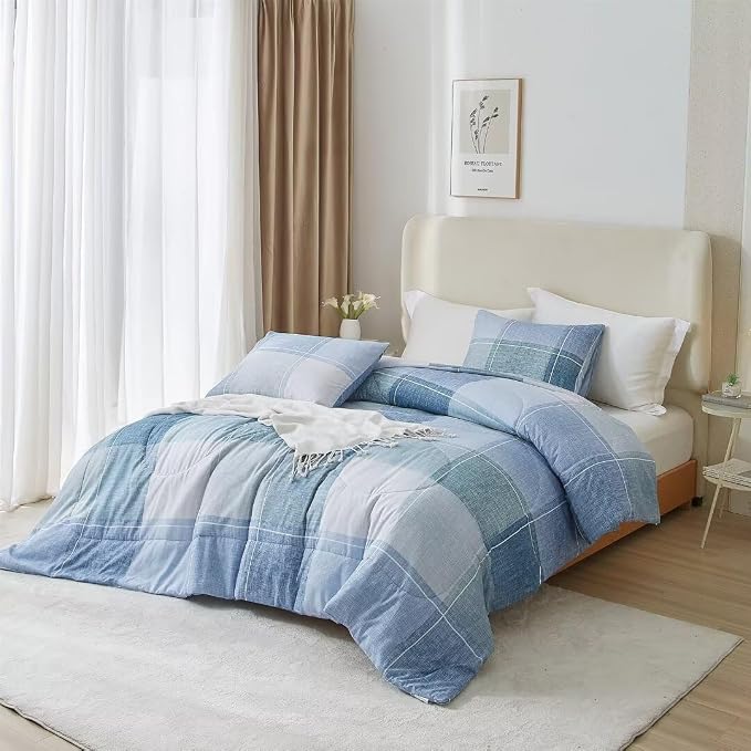 LifeTB Queen Comforter Set Modern Style Checkered Pattern Comforter for Men Boys Blue Plaid Printed Geometric Comforter with 2 Pillow Shams Fluffy Boho Grid Checkered Comforter Set Queen Size