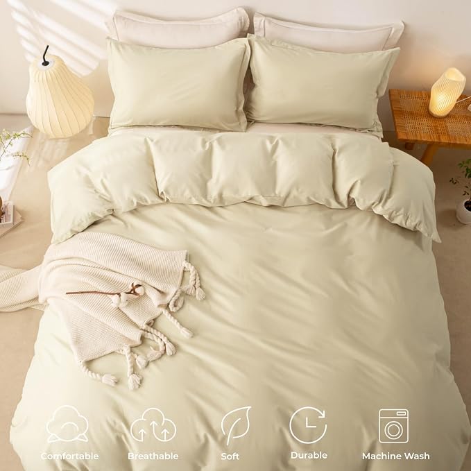 OAITE Duvet Cover Set 100% Washed Cotton Solid 3pcs | Soft,Durable,Long-staple Cotton,Hidden Zipper with 8 Interior Corner Ties,2 Pillowcases