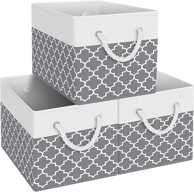 Storage Bins Foldable Storage Baskets with Rope Handles | 3-Pack Storage Bins for Organizing Toys, Books, Shelves, Closet, Large Storage Box Sturdy Organizer Bins, Clover Grey