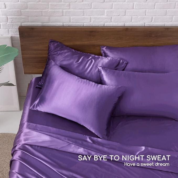 MR&HM Satin Sheets Queen Size with Elastic Corner Straps, Lavender | Similar to Silk, 6-Piece Silky Soft Bed Sheet Set, Gentle on Skin and Hair, 15" Deep Pocket, Cooling & Breathable