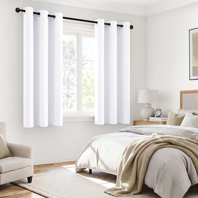 MIULEE White 100% Blackout Short Curtains for Bedroom 40x45 Inch Long | 2 Thick Layers Thermal Insulated Window Curtains with Black Liner, Noise Reducing Grommet, Drapes for Living Room, 2 Panels