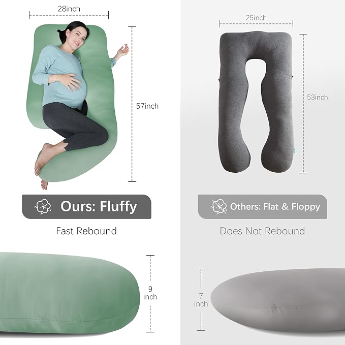 MOON PARK Pregnancy Pillows for Sleeping - U Shaped Full Body Maternity Pillow with Removable Cover - Support for Back, Legs, Belly, Hips - 57 Inch - Green - Cooling Cover