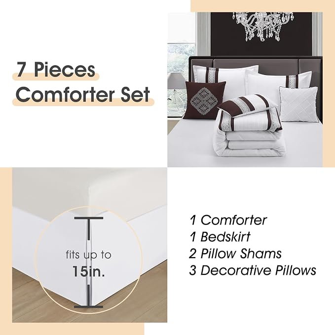 7 Piece Comforter Set, Coffee White, Queen Size, Boho Style Geometric Microfiber Embroidery, Bed in a Bag with Bedskirt, Pillow Shams and Decor Pillows