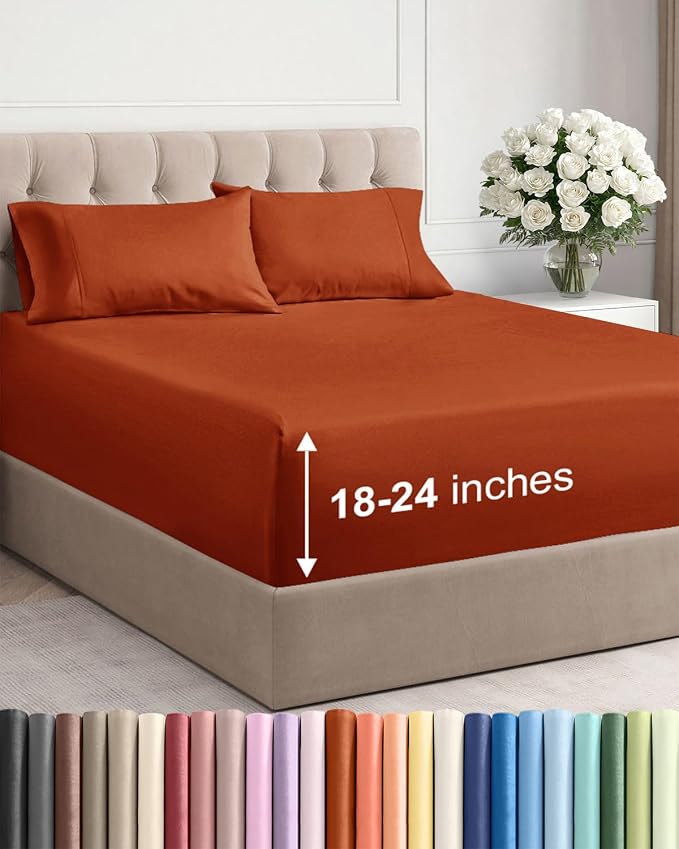 Extra Deep Twin Sheet Set - 4 Piece Breathable Cooling Sheets - Terracotta | Hotel Luxury Bed Sheets Set, Easy & Secure Fit, Ultra-Soft, Wrinkle & Fade Free, Comfy Sheets Set with Extra Deep Pockets