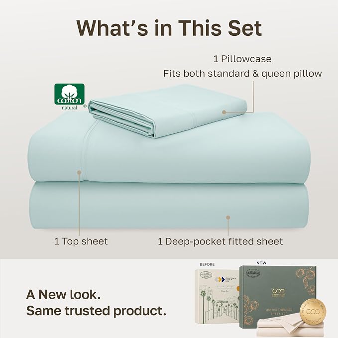 California Design Den 600 Thread Count Twin Bed Sheet Set, 3 Pc Set, Aqua | 100% Cotton Sateen Backed by Good Housekeeping Seal, Soft & Smooth, All-Around Elastic, Durable, Easy Care