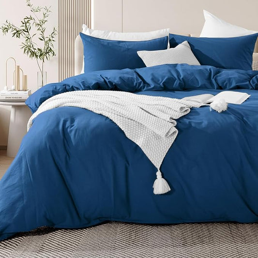 NEXHOME PRO Duvet Cover Set Queen Size Linen Feel Textured Navy Organic Natural 100% Washed Cotton Duvet Cover 3 Pieces Bedding Set with Zipper Closure, Breathable, Soft (No Comforter)