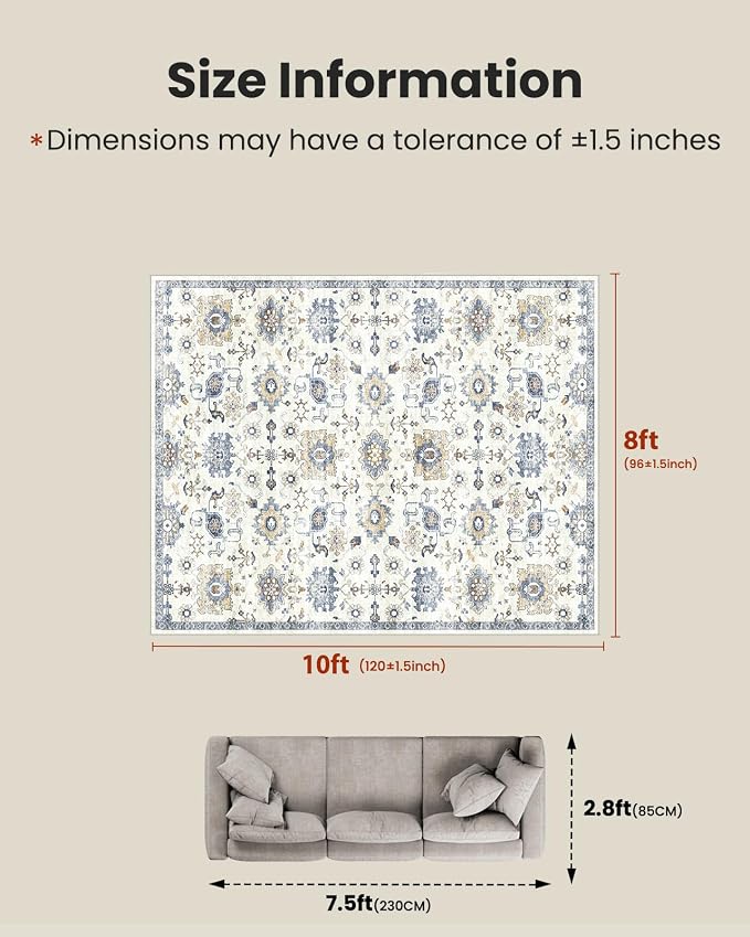 AMADA HOMEFURNISHING Washable Area Rug, Low-Profile Large Area Rug with Non-Slip Backing & Durable Edge Binding, Vintage Large Rugs for Living Room, Bedroom, Dinning Room (8x10,Blue/White)