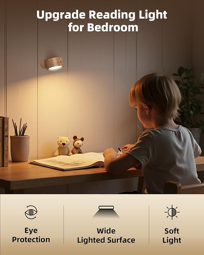 Rechargeable Wall Sconces with Remote, Magnetic Wall Lights, Wood 2 Pack | 3 Color Temperatures, Remote and Touch Control, 360° Rotating and Dimmable for Living Room & Bedroom