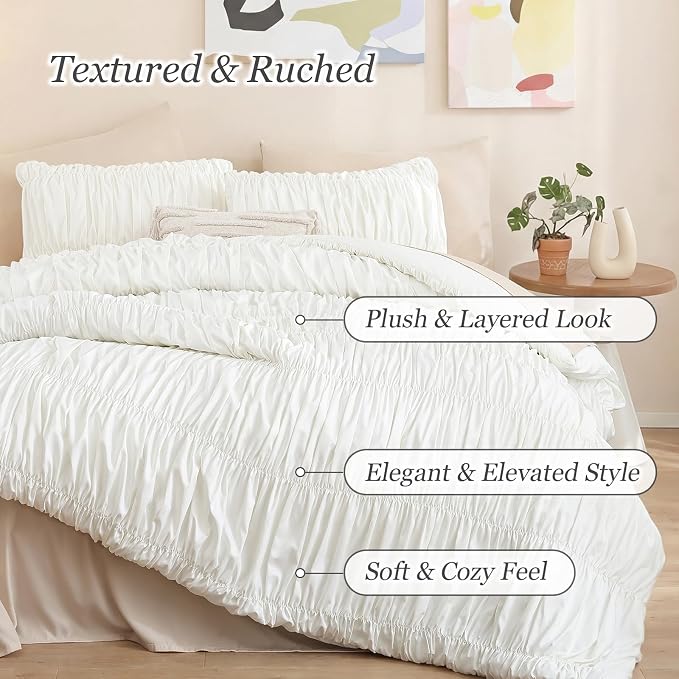 weigelia Cream Ruched Comforter Set King Size, Cute Girls Bedding Set | All Season, Soft Microfiber Comforter, Cozy Cinched Design for Home & Bedroom Decor (1 Comforter,2 Pillowcases)