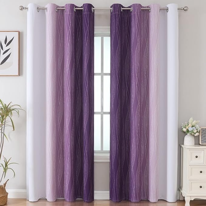 Purple and Greyish White Ombre Blackout Curtains for Bedroom 84 Inches Long | Estelar Textiler Living Room Darkening Gradient Curtain,Light Blocking,Thermal Insulated Grommet Window Drapes,52x84,2 Panels