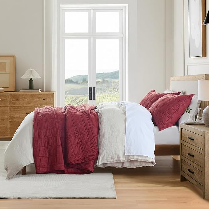 HORIMOTE HOME 100% Cotton Quilt Set Queen Size, Burgundy Pre-Washed Bedspreads Coverlet Set in Geometric Pattern, Cozy Lightweight Stitching Decorative Bedding Cover with 2 Shams for All Season