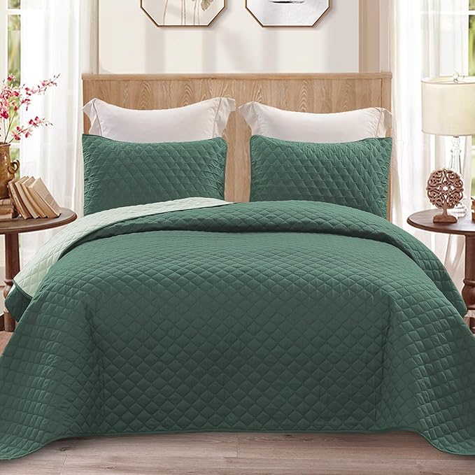 Exclusivo Mezcla Reversible Full Queen Quilt Bedding Set, Dark Green | Lightweight Bedspreads with 2 Pillow Shams, Soft Microfiber, All Season Bed Coverlets for Bedroom Guest Room, 90x96 Inch