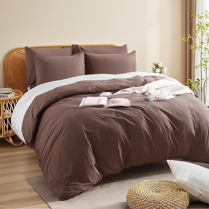 NEXHOME PRO Twin Duvet Cover Set – 100% Certified Organic Cotton with Washed Feel & Linen-Like Texture, Comfortable & Breathable, Home Bedding Set Dark Brown (No Comforter)