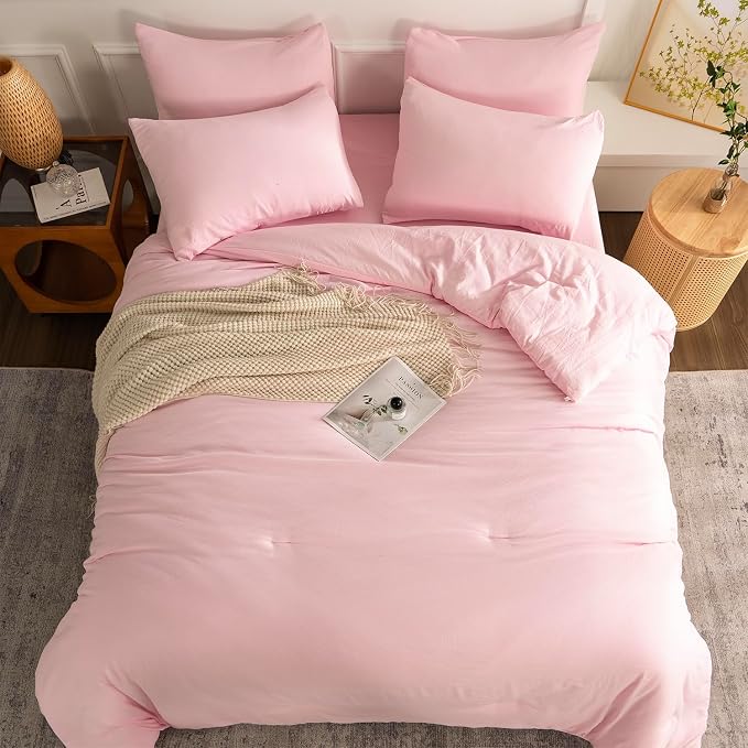 King Comforter Pink Set 3 Pieces Soft Bedding Bright Comforter King Lightweight Light Pink Style Comforter Set for All Seasons 1 Comforter and 2 Pillowcases (Pink, King)