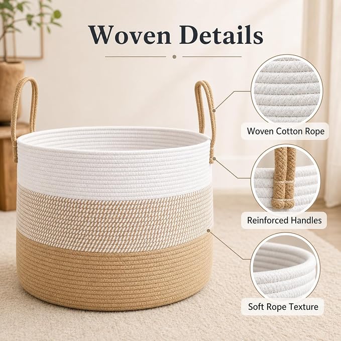 JMvicyroam 65L Extra Large Machine Washable Cotton Rope Blanket Basket | Collapsible laundry hamper, Reinforced handles, For blankets,pillows,toys and clothes, Living room and bedroom,White&Jute Mix