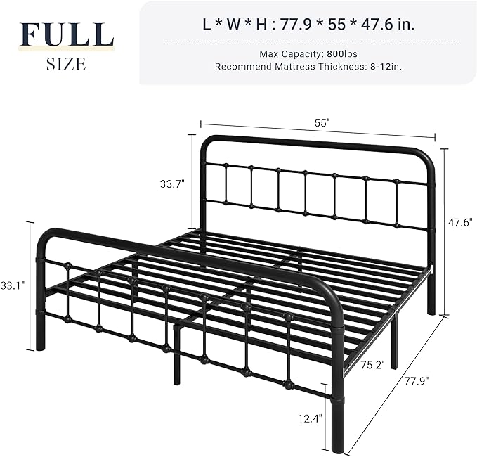 Allewie Full Metal Bed Frame with Victorian Iron-Art Headboard, Black | Victorian Style Wrought Iron-Art Headboard/Footboard, Easy Assembly, Under Bed Storage, No Box Spring Required