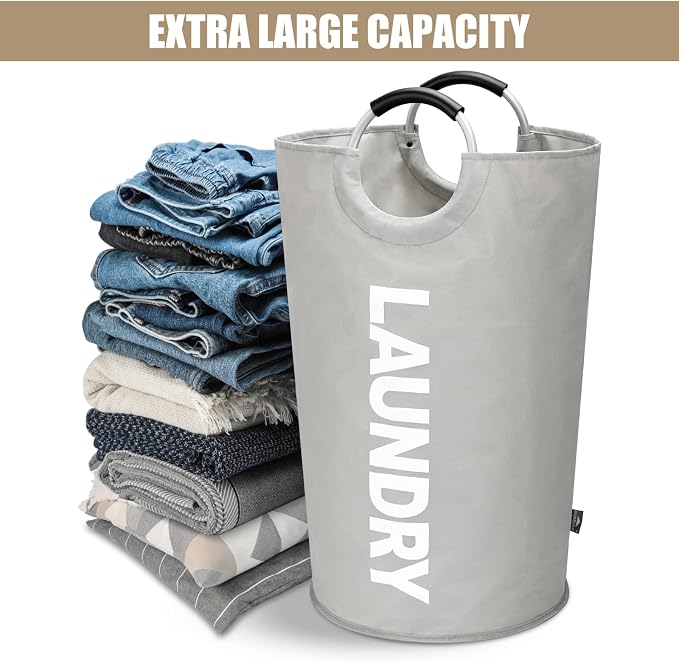 DOKEHOM 90L Large Laundry Basket Bag, Collapsible Tall Hamper, Grey | Freestanding tall washing bin & foldable laundry bag. High-capacity clothes storage basket with durable sturdy handles
