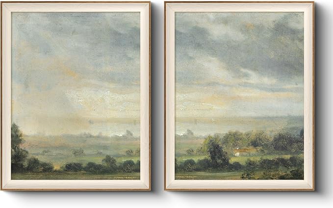 VIYYIEA Framed Vintage Landscape Wall Art Set of 2, Rustic Pastoral Countryside Canvas Painting Print, Moody Impressionist Decor for Living Room Bedroom, 16x20 Inch