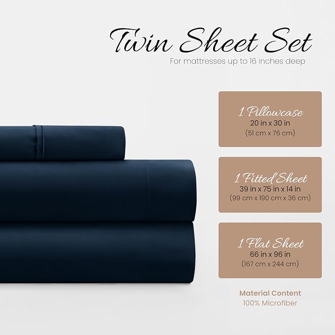 Linen Market Bed Sheets for Twin Size Bed (Navy) - Sleep Better Than Ever with These Soft and Cooling Twin Sheets - Deep Pocket Fits 16" Thick Beds - 3 Piece Twin Sheet Set