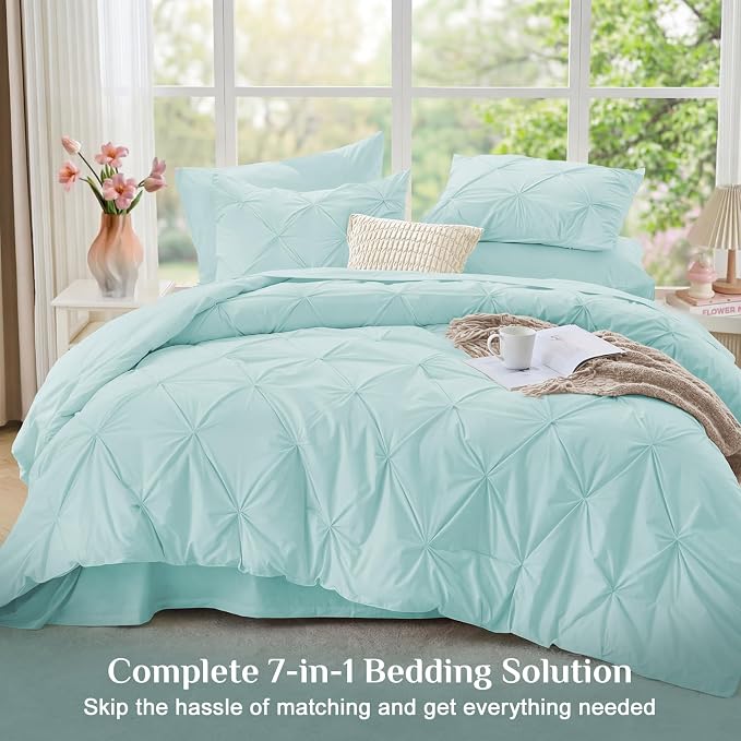 JOLLYVOGUE King Size Comforter Set 7 Pieces - Bed in a Bag King for All Season, Pintuck Bedding Comforter Sets with Comforter, Flat Sheet, Fitted Sheet and Pillowcases & Shams, Lake Blue