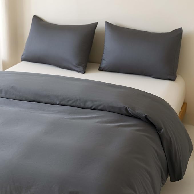 HeimenAogo Egyptian Cotton Duvet Cover Queen Size Sateen Weave, Silky Soft and Breathable Bedding Set with Zipper Closure, Long Staple Cotton Bed Linen Stormy Grey 3Pcs (90"×90")