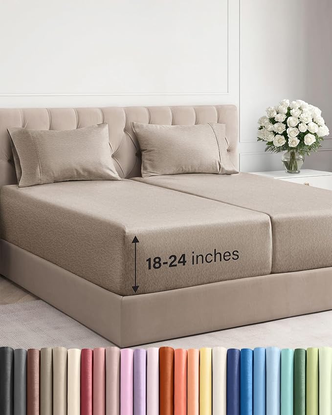 Extra Deep Split King Sheet Set - 5 Piece Cooling Sheets - Heathered Beige | Easily Fits 18 to 24 inch Mattress - Ultra Soft, Wrinkle & Fade Free with Extra Deep Pockets - Comfy Hotel Luxury Bedding